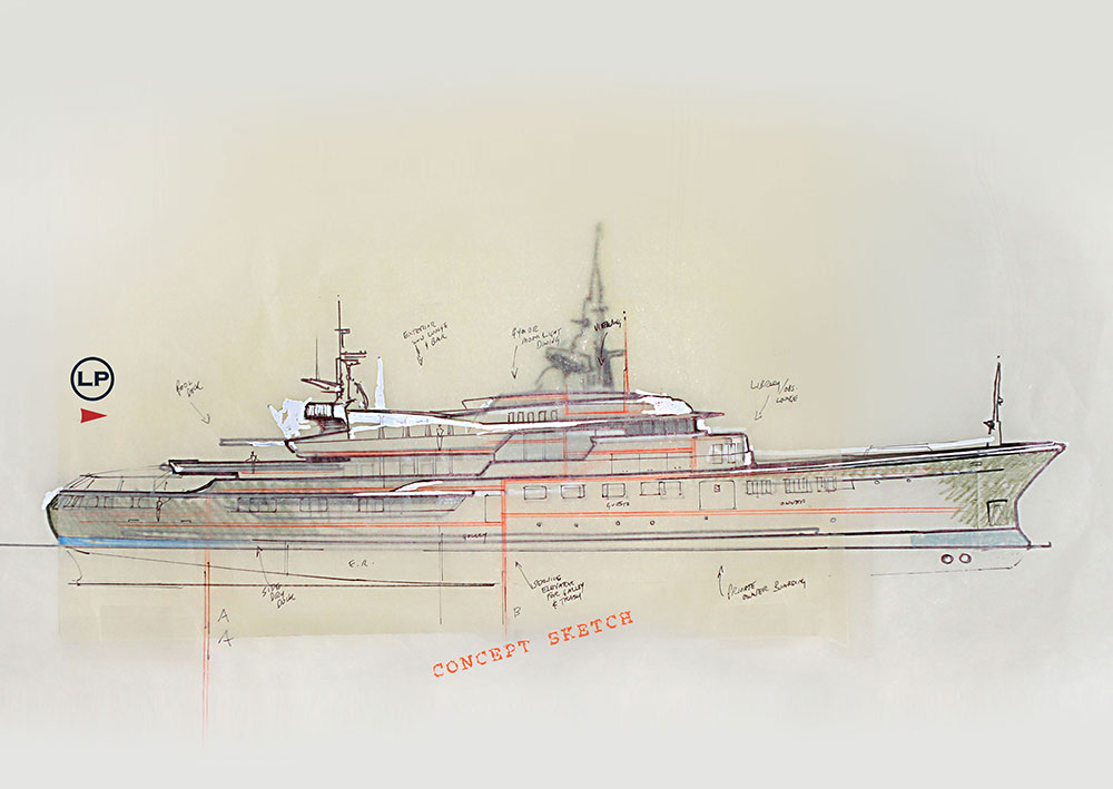 The original sketch for GALAXIAS. All of the essential elements including deck levels, which permit the considerable “sheer” of the hull, are illustrated. Shapes and details evolve, but ideally, the essence of the intent remains.