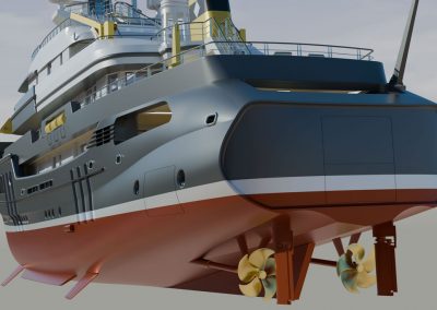 The preliminary underbody concept includes roll stabilisers, fixed skegs, high-skew propellers, a substantial keel, and hi-lift ice-class rudders. These elements are conceived with robustness in mind, knowing the yacht builder, client, and others may prefer other solutions, e.g. azipod propulsion.