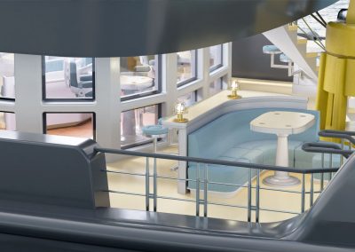 Possibly a unique space in all of yachting, the exterior Observation Deck verandah. Note the interior within Observation Lounge, beyond the glass.